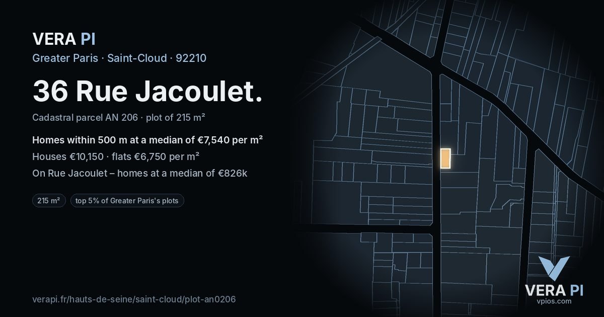 36 Rue Jacoulet, Saint-Cloud at night – the plot lit, the parcels around coloured by the prices near them