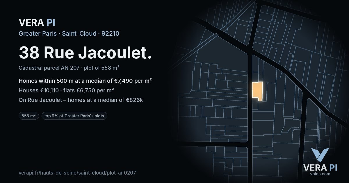 38 Rue Jacoulet, Saint-Cloud at night – the plot lit, the parcels around coloured by the prices near them