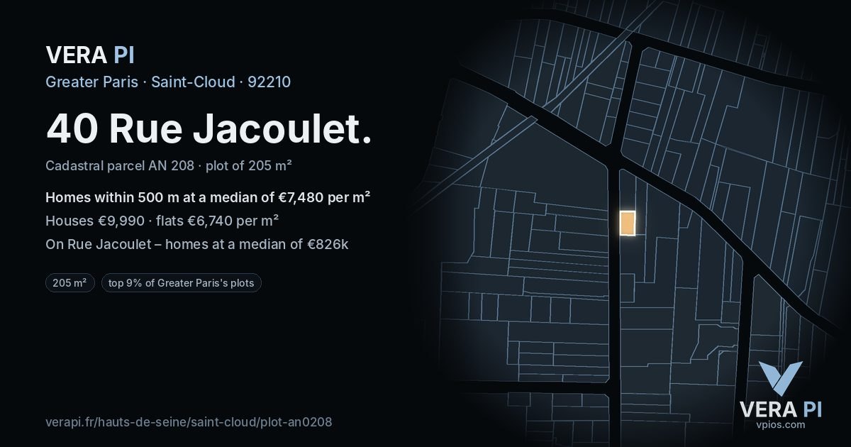40 Rue Jacoulet, Saint-Cloud at night – the plot lit, the parcels around coloured by the prices near them