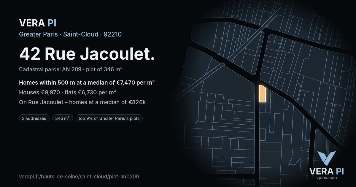 42 Rue Jacoulet, Saint-Cloud at night – the plot lit, the parcels around coloured by the prices near them