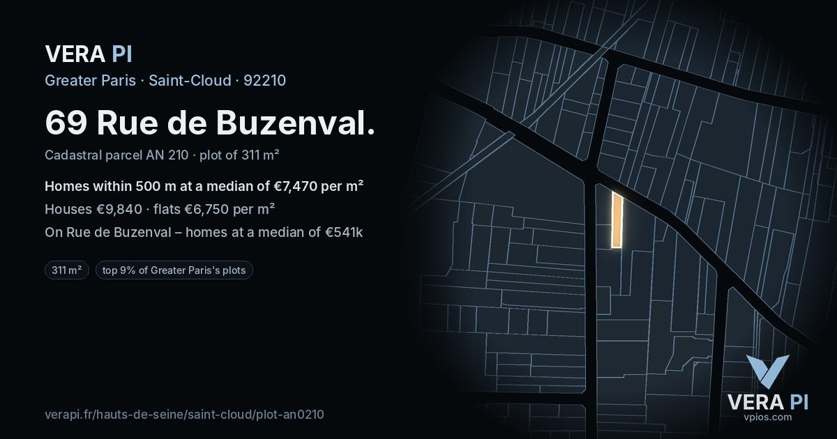 69 Rue de Buzenval, Saint-Cloud at night – the plot lit, the parcels around coloured by the prices near them