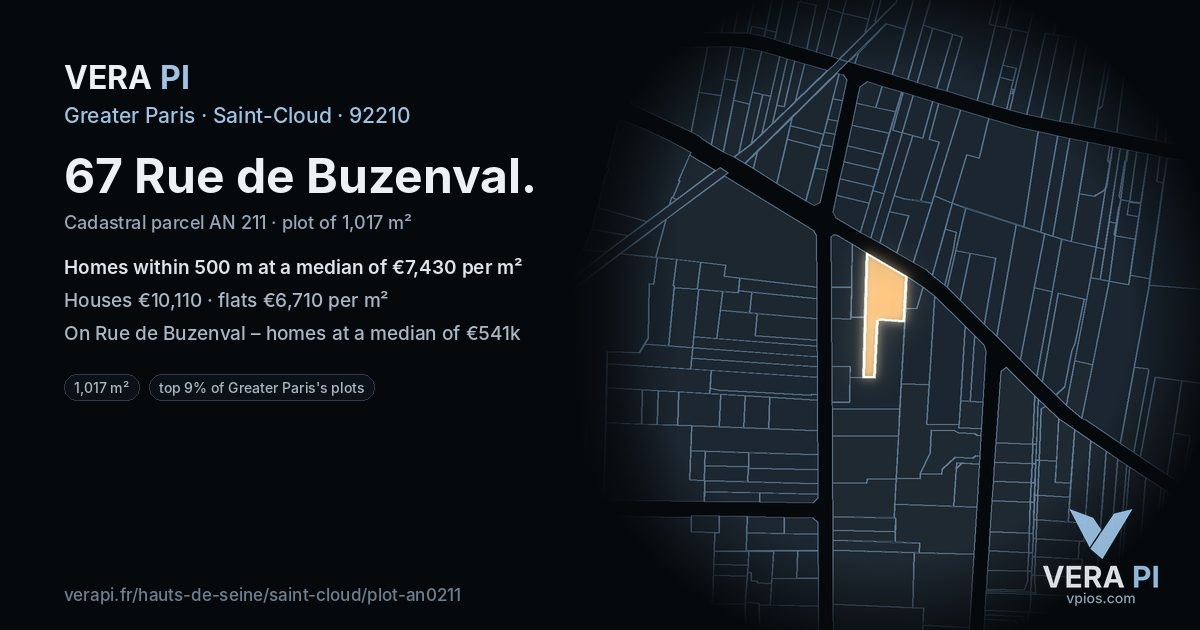 67 Rue de Buzenval, Saint-Cloud at night – the plot lit, the parcels around coloured by the prices near them