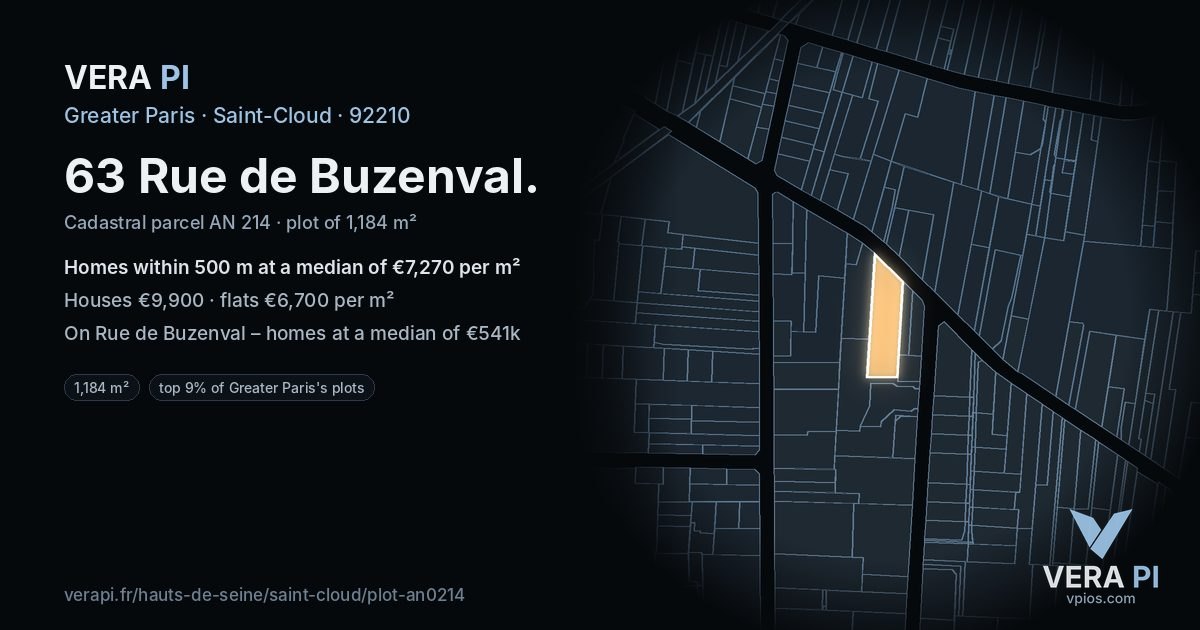 63 Rue de Buzenval, Saint-Cloud at night – the plot lit, the parcels around coloured by the prices near them