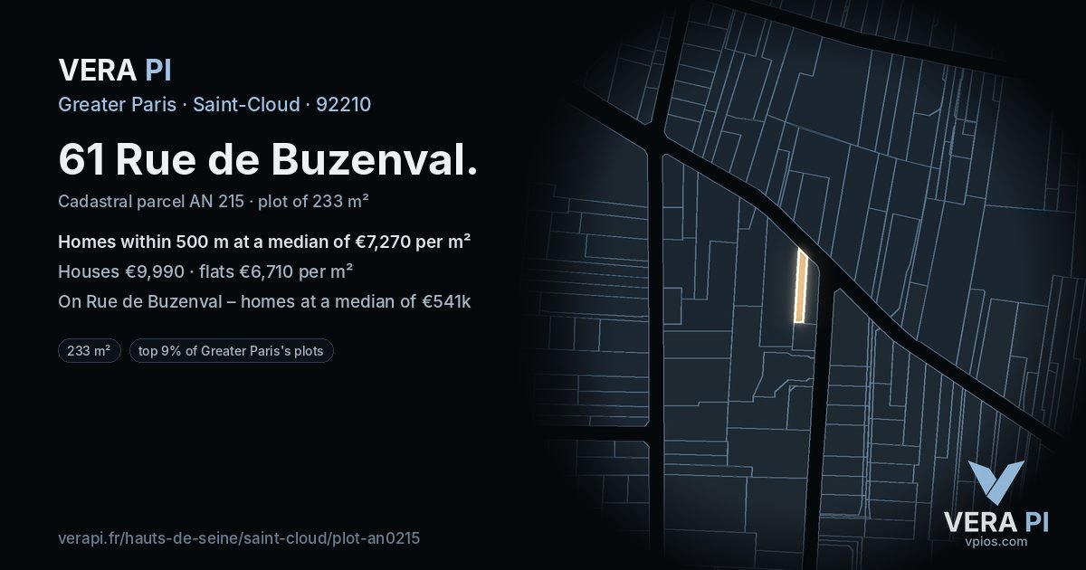 61 Rue de Buzenval, Saint-Cloud at night – the plot lit, the parcels around coloured by the prices near them