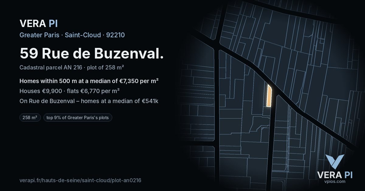 59 Rue de Buzenval, Saint-Cloud at night – the plot lit, the parcels around coloured by the prices near them