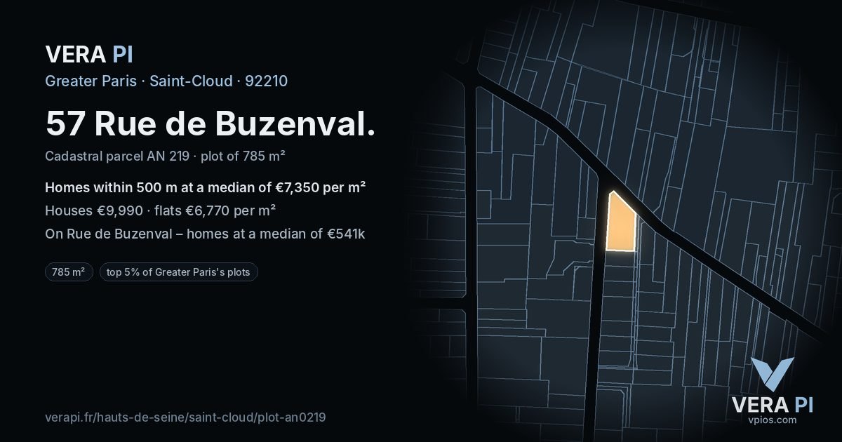 57 Rue de Buzenval, Saint-Cloud at night – the plot lit, the parcels around coloured by the prices near them
