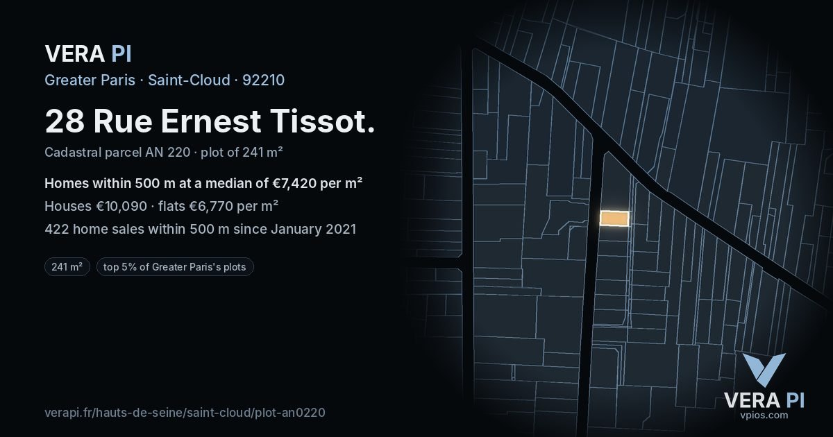 28 Rue Ernest Tissot, Saint-Cloud at night – the plot lit, the parcels around coloured by the prices near them