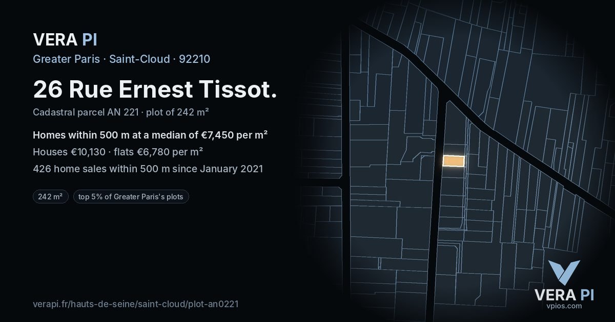 26 Rue Ernest Tissot, Saint-Cloud at night – the plot lit, the parcels around coloured by the prices near them