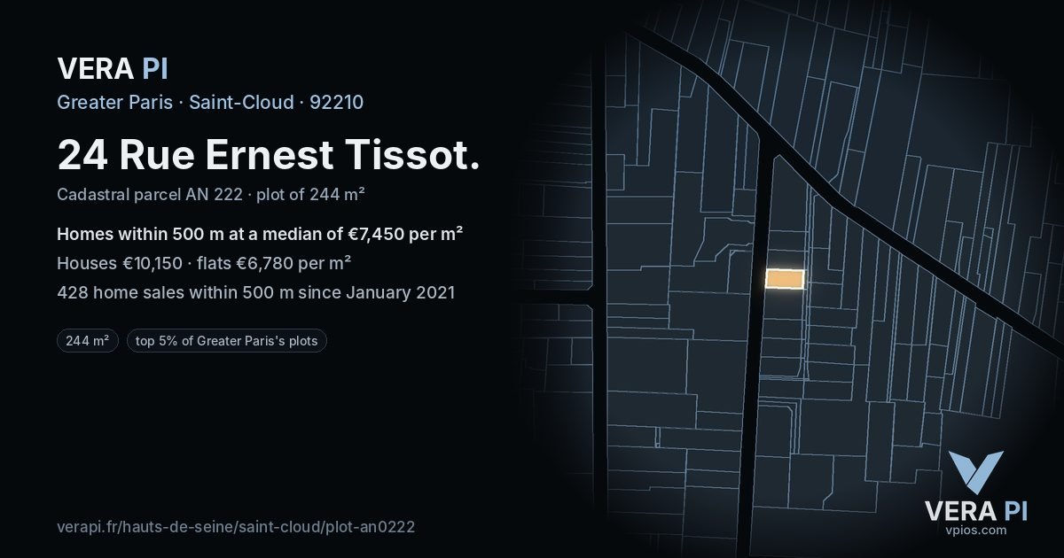 24 Rue Ernest Tissot, Saint-Cloud at night – the plot lit, the parcels around coloured by the prices near them