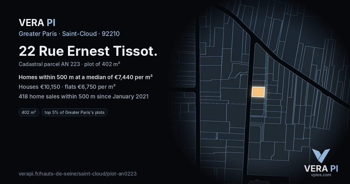 22 Rue Ernest Tissot, Saint-Cloud at night – the plot lit, the parcels around coloured by the prices near them
