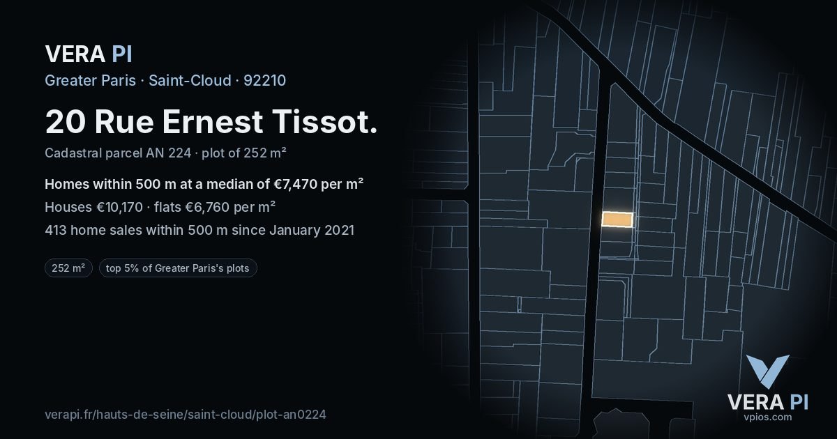 20 Rue Ernest Tissot, Saint-Cloud at night – the plot lit, the parcels around coloured by the prices near them