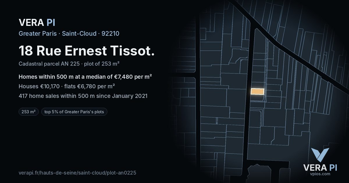 18 Rue Ernest Tissot, Saint-Cloud at night – the plot lit, the parcels around coloured by the prices near them
