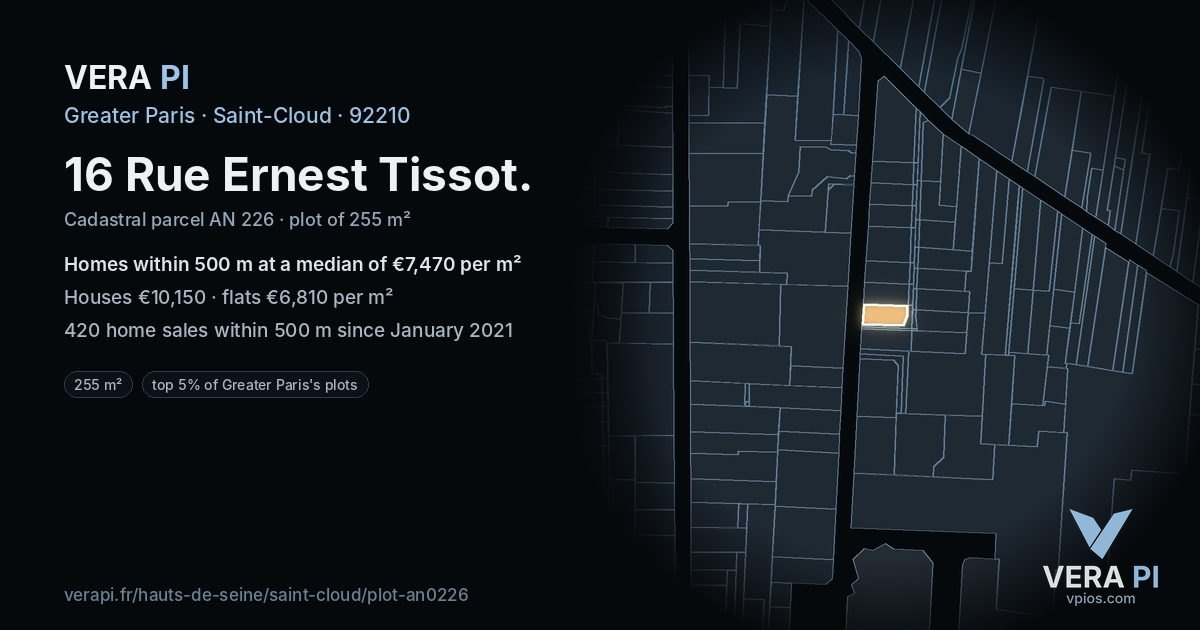 16 Rue Ernest Tissot, Saint-Cloud at night – the plot lit, the parcels around coloured by the prices near them