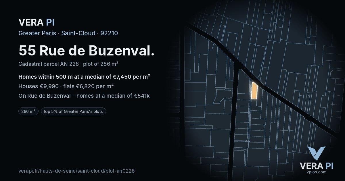 55 Rue de Buzenval, Saint-Cloud at night – the plot lit, the parcels around coloured by the prices near them