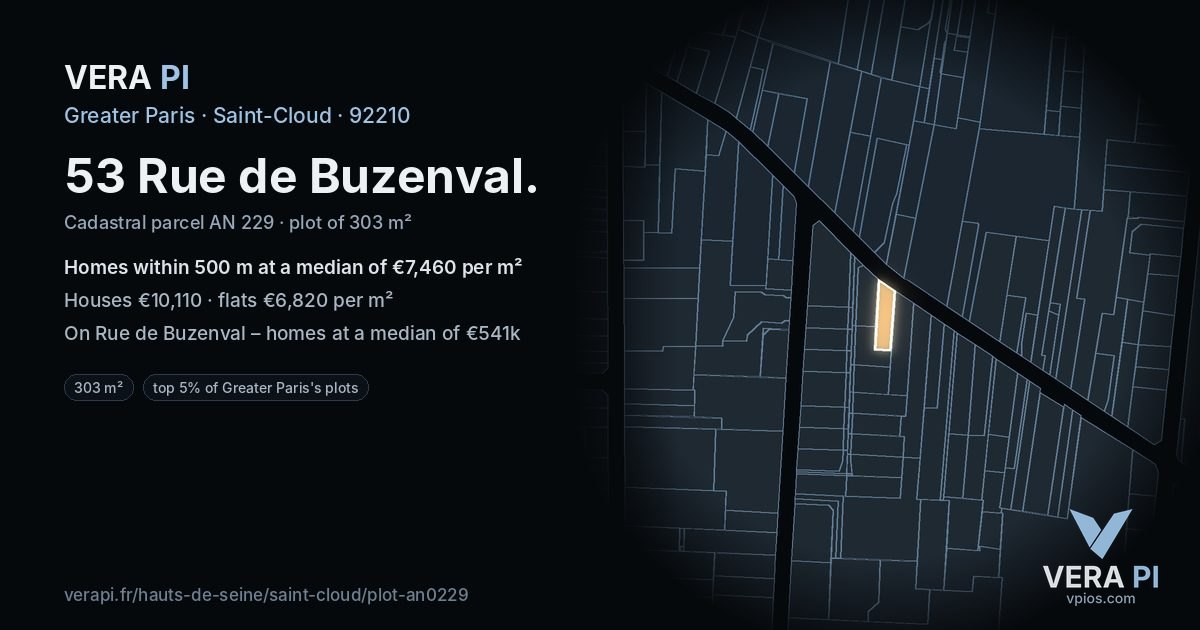 53 Rue de Buzenval, Saint-Cloud at night – the plot lit, the parcels around coloured by the prices near them