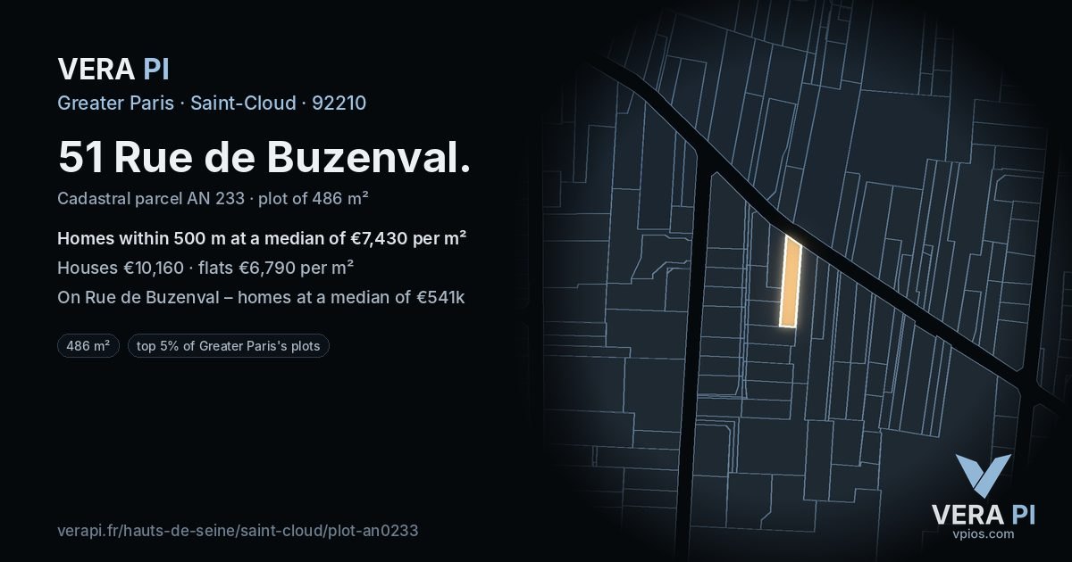 51 Rue de Buzenval, Saint-Cloud at night – the plot lit, the parcels around coloured by the prices near them
