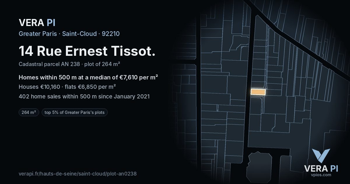 14 Rue Ernest Tissot, Saint-Cloud at night – the plot lit, the parcels around coloured by the prices near them