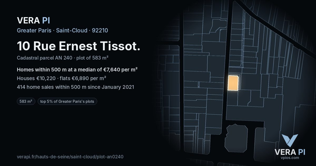 10 Rue Ernest Tissot, Saint-Cloud at night – the plot lit, the parcels around coloured by the prices near them