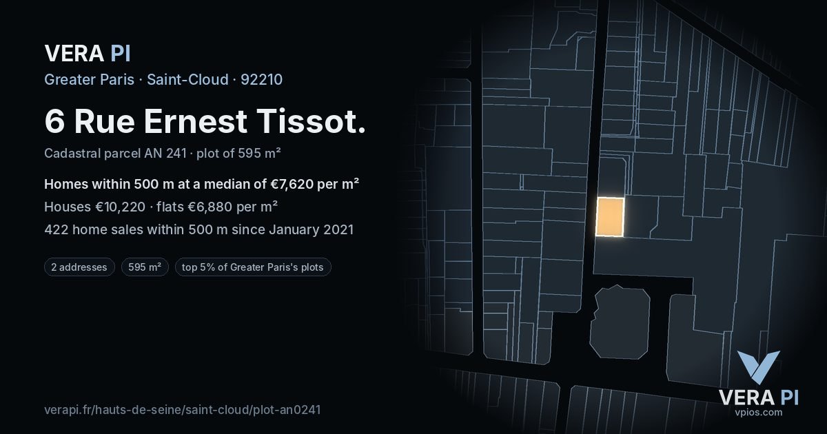 6 Rue Ernest Tissot, Saint-Cloud at night – the plot lit, the parcels around coloured by the prices near them