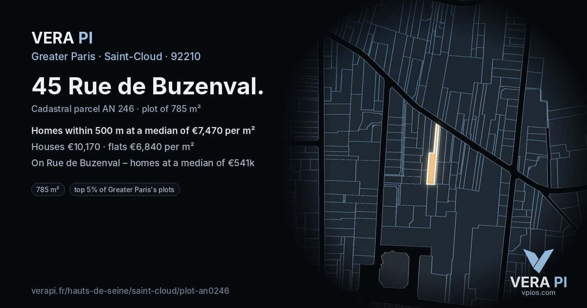 45 Rue de Buzenval, Saint-Cloud at night – the plot lit, the parcels around coloured by the prices near them