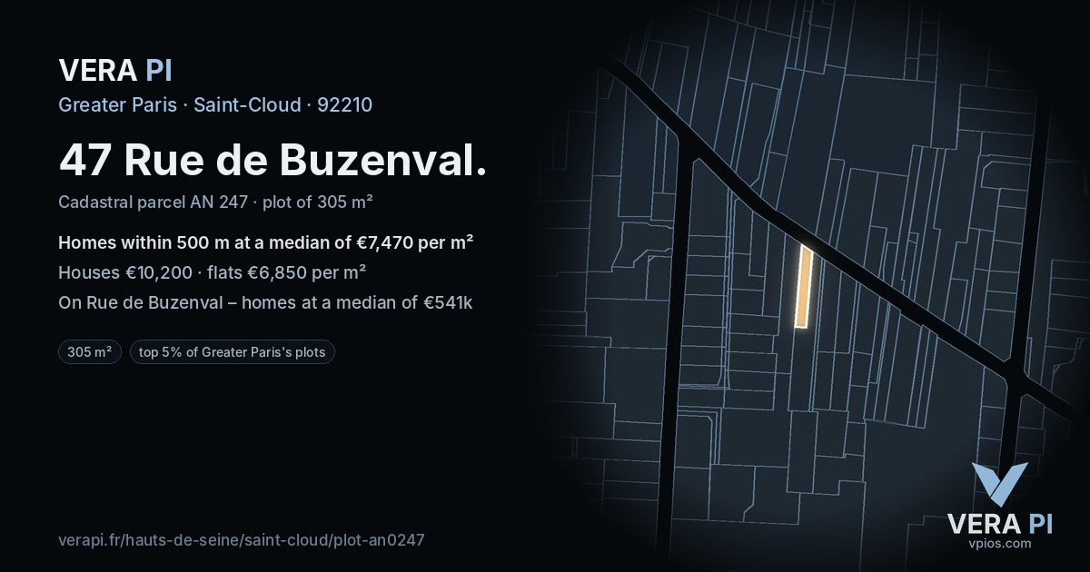 47 Rue de Buzenval, Saint-Cloud at night – the plot lit, the parcels around coloured by the prices near them
