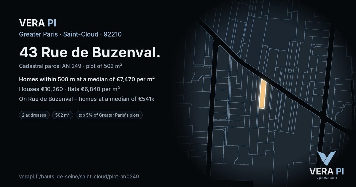 43 Rue de Buzenval, Saint-Cloud at night – the plot lit, the parcels around coloured by the prices near them