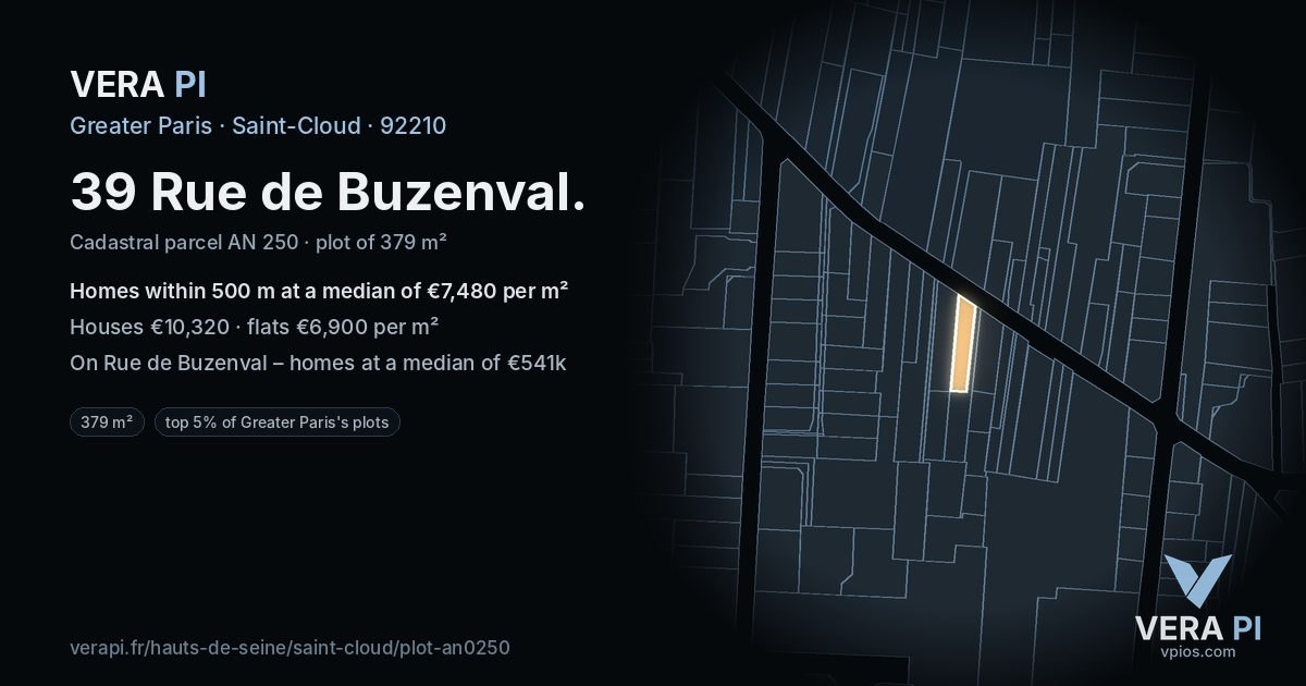 39 Rue de Buzenval, Saint-Cloud at night – the plot lit, the parcels around coloured by the prices near them