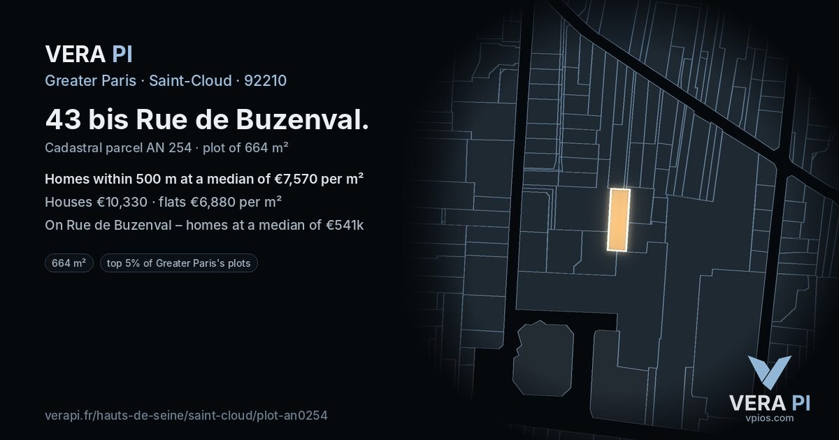43 bis Rue de Buzenval, Saint-Cloud at night – the plot lit, the parcels around coloured by the prices near them