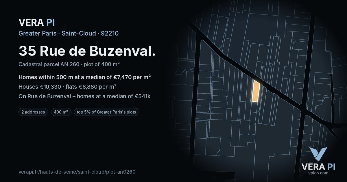 35 Rue de Buzenval, Saint-Cloud at night – the plot lit, the parcels around coloured by the prices near them