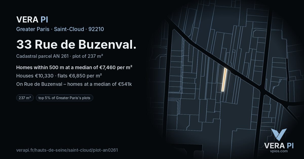 33 Rue de Buzenval, Saint-Cloud at night – the plot lit, the parcels around coloured by the prices near them