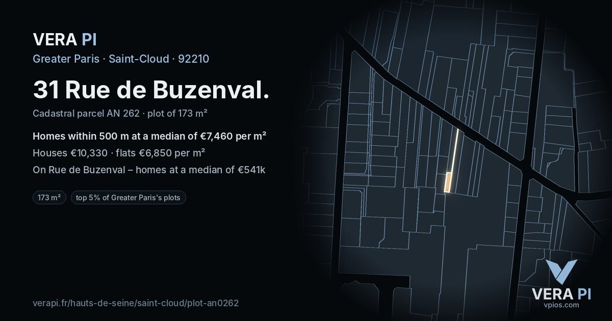 31 Rue de Buzenval, Saint-Cloud at night – the plot lit, the parcels around coloured by the prices near them