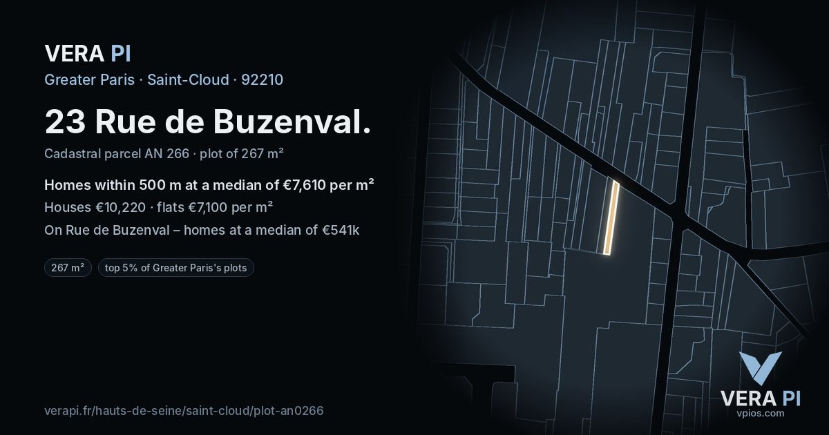 23 Rue de Buzenval, Saint-Cloud at night – the plot lit, the parcels around coloured by the prices near them
