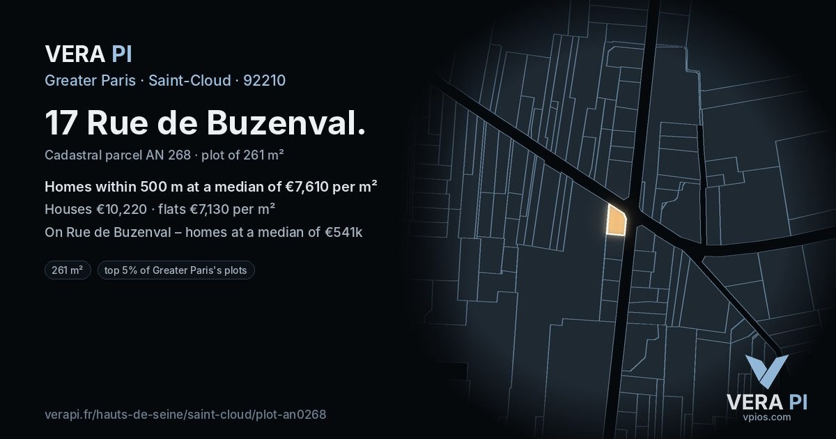 17 Rue de Buzenval, Saint-Cloud at night – the plot lit, the parcels around coloured by the prices near them