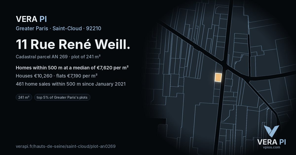 11 Rue René Weill, Saint-Cloud at night – the plot lit, the parcels around coloured by the prices near them