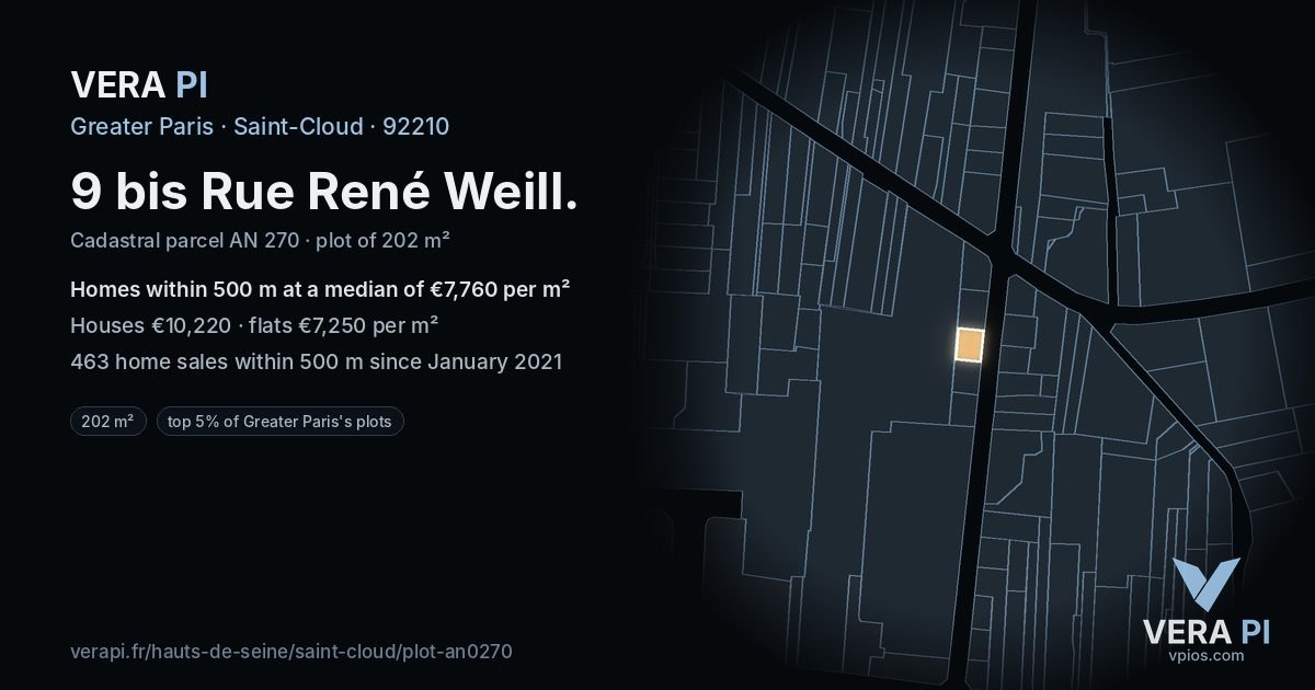 9 bis Rue René Weill, Saint-Cloud at night – the plot lit, the parcels around coloured by the prices near them