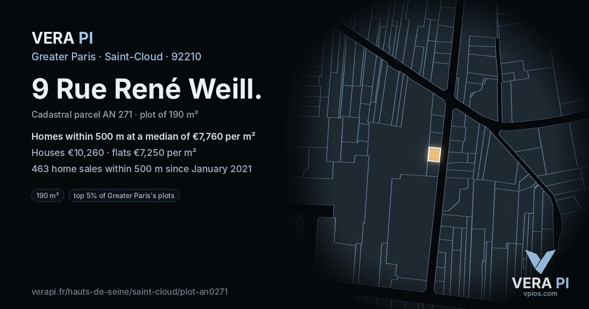 9 Rue René Weill, Saint-Cloud at night – the plot lit, the parcels around coloured by the prices near them