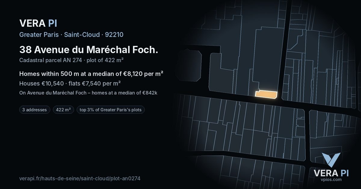38 Avenue du Maréchal Foch, Saint-Cloud at night – the plot lit, the parcels around coloured by the prices near them