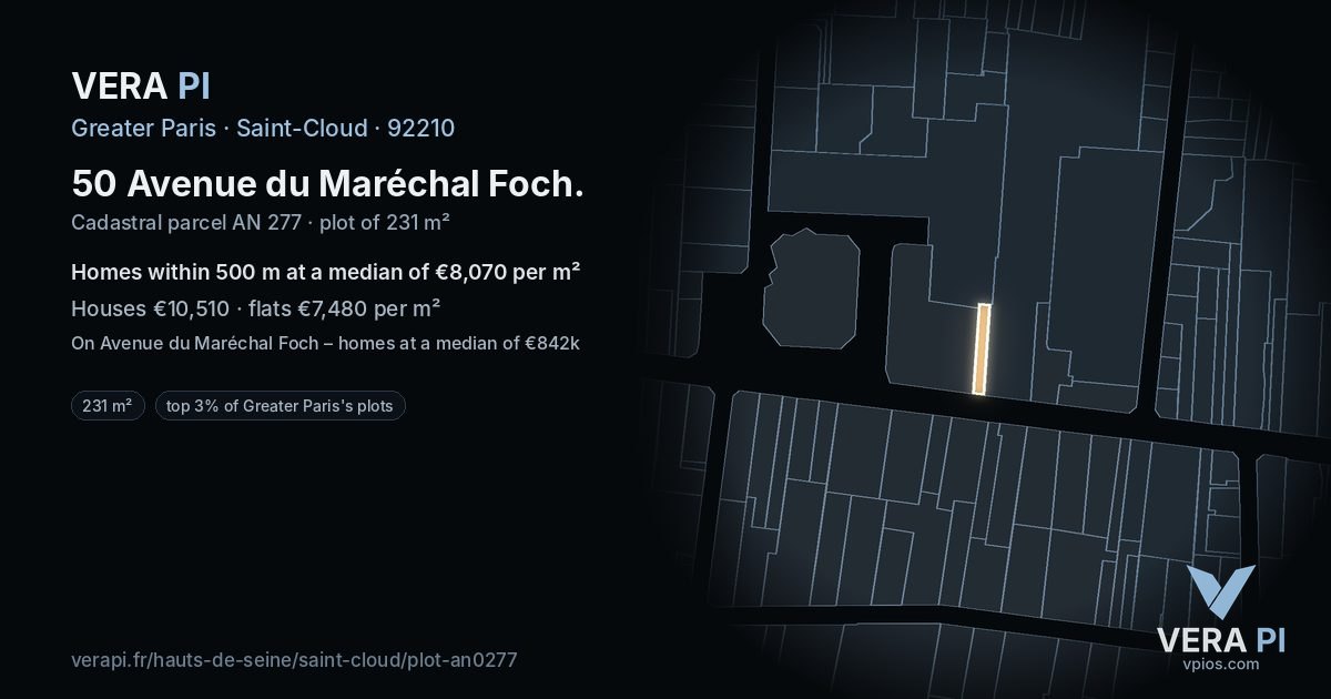 50 Avenue du Maréchal Foch, Saint-Cloud at night – the plot lit, the parcels around coloured by the prices near them