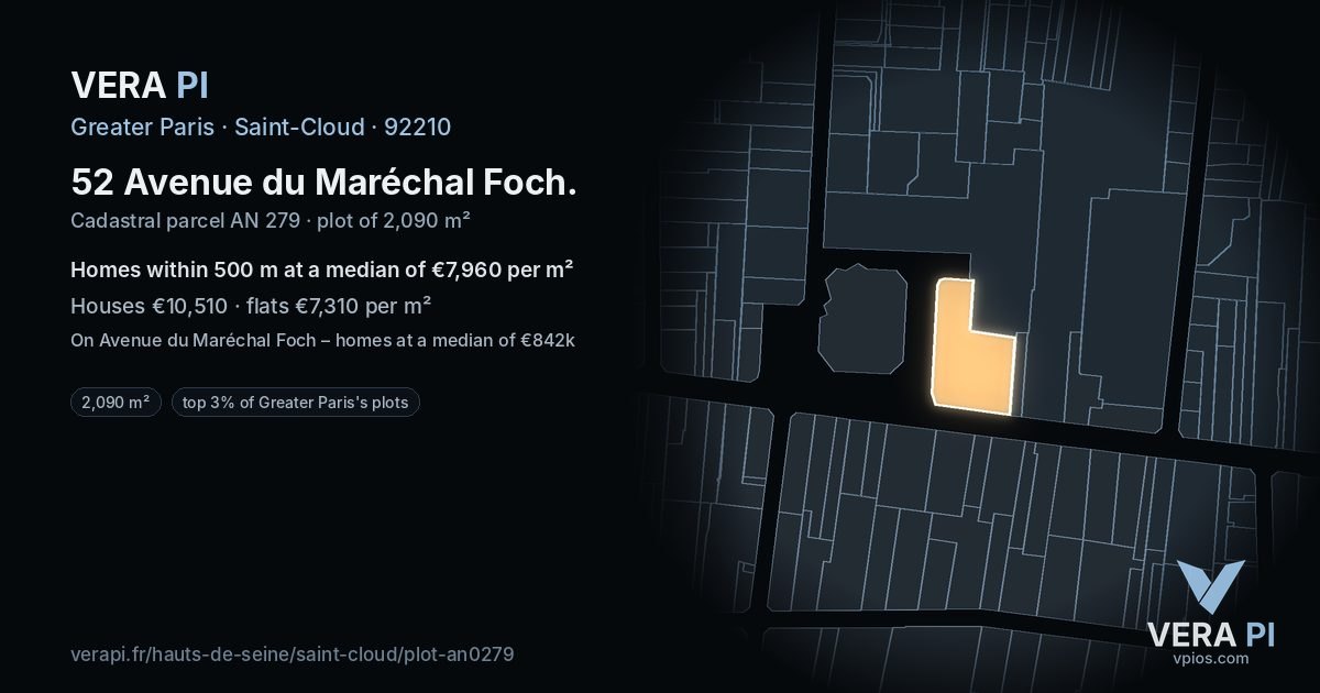 52 Avenue du Maréchal Foch, Saint-Cloud at night – the plot lit, the parcels around coloured by the prices near them