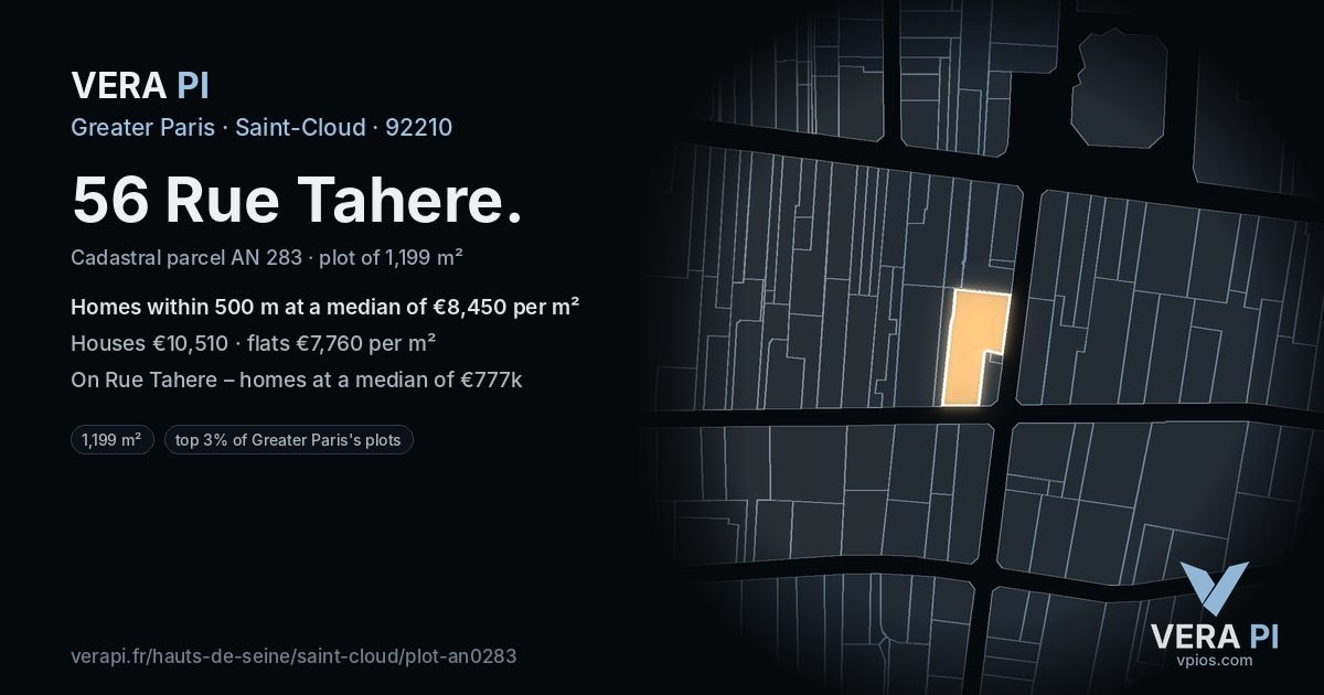 56 Rue Tahere, Saint-Cloud at night – the plot lit, the parcels around coloured by the prices near them