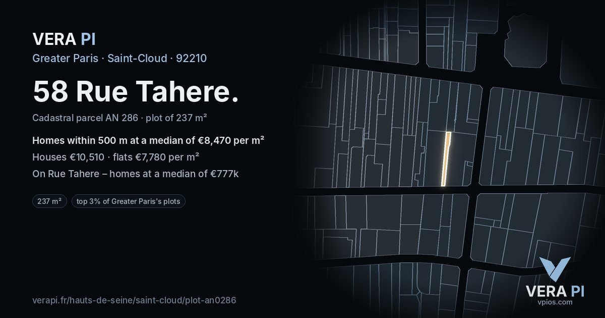 58 Rue Tahere, Saint-Cloud at night – the plot lit, the parcels around coloured by the prices near them