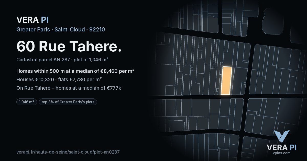 60 Rue Tahere, Saint-Cloud at night – the plot lit, the parcels around coloured by the prices near them