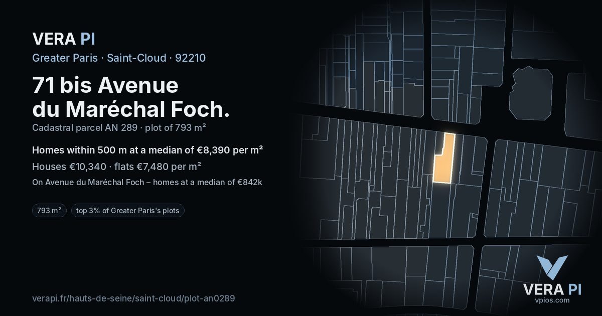 71 bis Avenue du Maréchal Foch, Saint-Cloud at night – the plot lit, the parcels around coloured by the prices near them