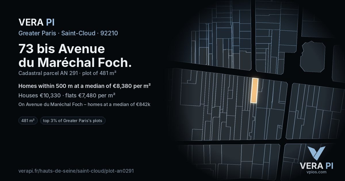 73 bis Avenue du Maréchal Foch, Saint-Cloud at night – the plot lit, the parcels around coloured by the prices near them
