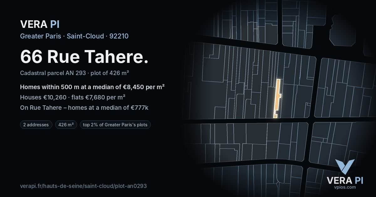 66 Rue Tahere, Saint-Cloud at night – the plot lit, the parcels around coloured by the prices near them