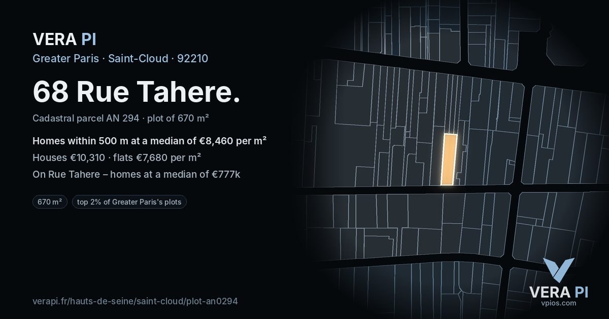 68 Rue Tahere, Saint-Cloud at night – the plot lit, the parcels around coloured by the prices near them