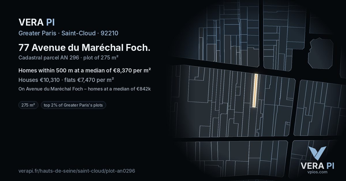 77 Avenue du Maréchal Foch, Saint-Cloud at night – the plot lit, the parcels around coloured by the prices near them