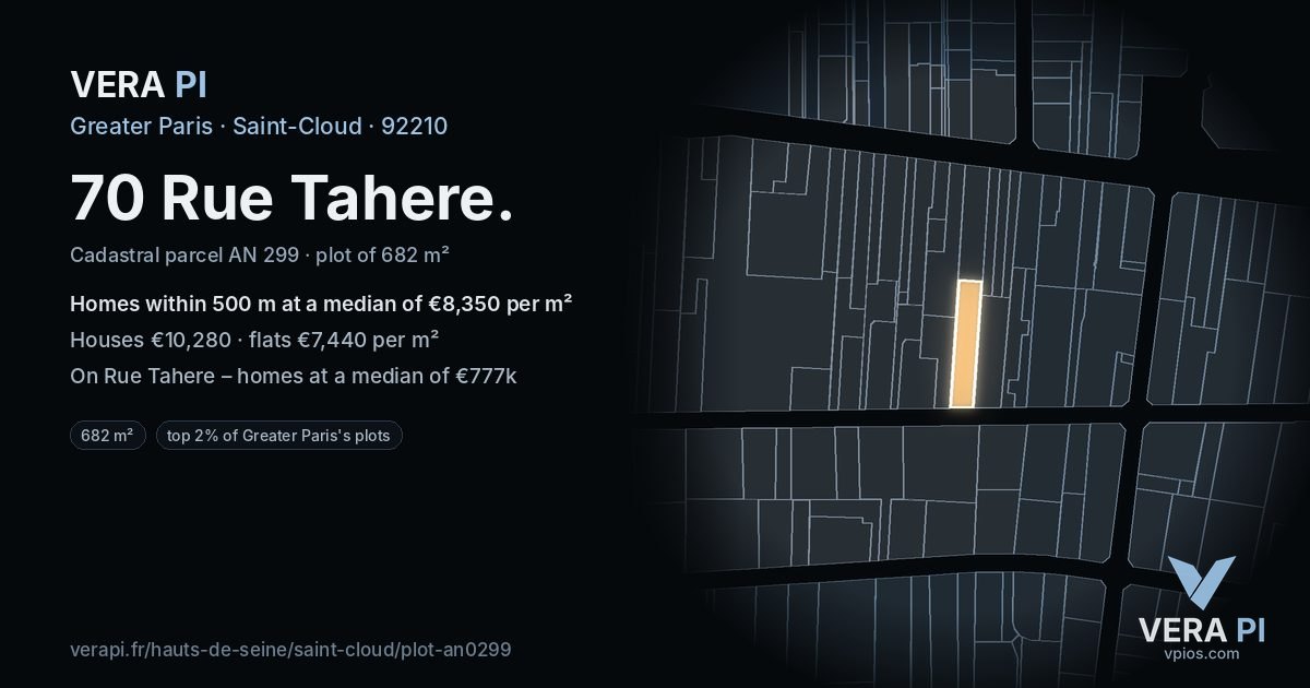 70 Rue Tahere, Saint-Cloud at night – the plot lit, the parcels around coloured by the prices near them