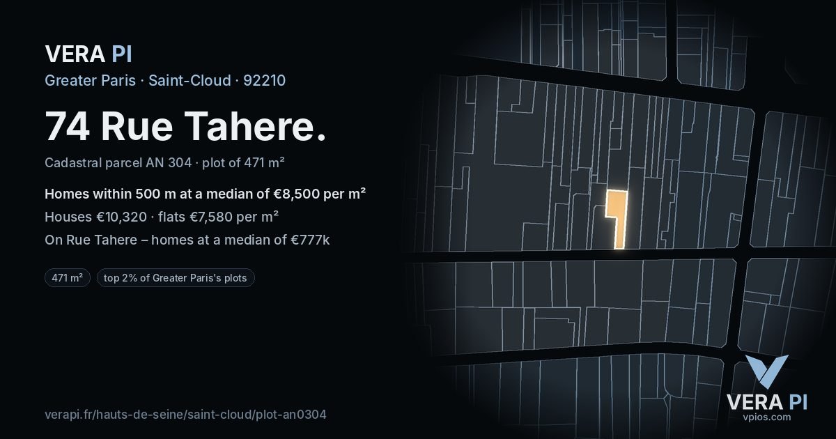 74 Rue Tahere, Saint-Cloud at night – the plot lit, the parcels around coloured by the prices near them