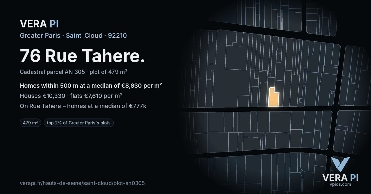 76 Rue Tahere, Saint-Cloud at night – the plot lit, the parcels around coloured by the prices near them